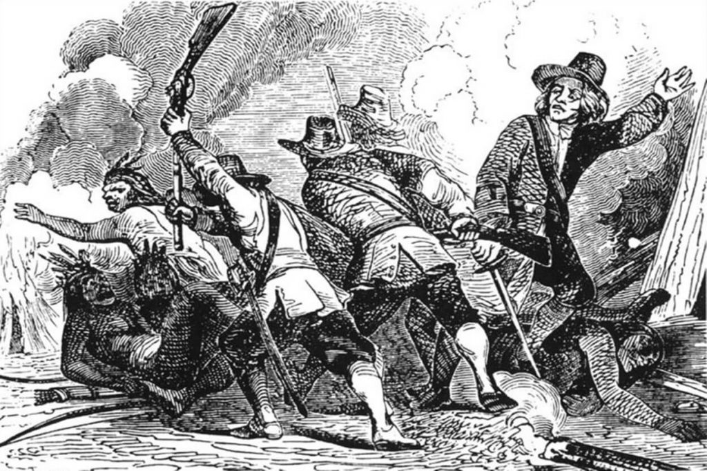 A 19th-century print depicts how North American colonists murdered the Pekot.  (Wikipedia public domain)